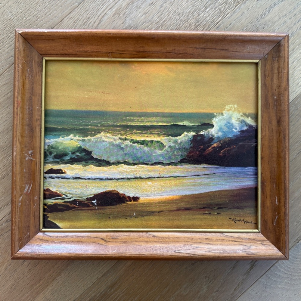 Robert Wood Seascape Oil Style Painting Framed Beach Waves 9.5x7.5 Brown